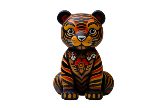 12 animal designations PNG: a figurine of a lovely Tiger, Very cute with colorful designs, Chinese traditional folk mud dog art style, in the style of woodcarvings