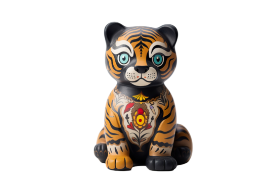 12 animal designations PNG: a figurine of a lovely Tiger, Very cute with colorful designs, Chinese traditional folk mud dog art style, in the style of woodcarvings