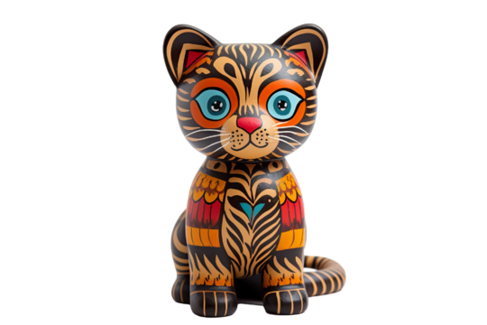 12 animal designations PNG: a figurine of a lovely Tiger, Very cute with colorful designs, Chinese traditional folk mud dog art style, in the style of woodcarvings