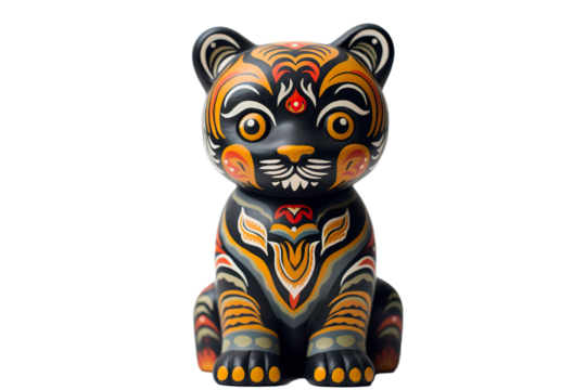 12 animal designations PNG: a figurine of a lovely Tiger, Very cute with colorful designs, Chinese traditional folk mud dog art style, in the style of woodcarvings