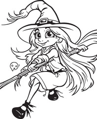 halloween witch hand drawn coloring page illustration