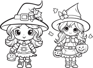halloween witch hand drawn coloring page illustration