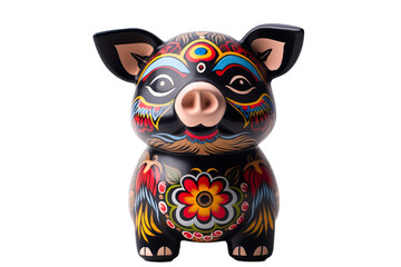 12 animal designations PNG: a figurine of a lovely Pig baby, Very cute with colorful designs, Chinese traditional folk mud dog art style, in the style of woodcarvings