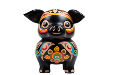 12 animal designations PNG: a figurine of a lovely Pig baby, Very cute with colorful designs, Chinese traditional folk mud dog art style, in the style of woodcarvings