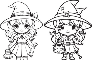 halloween witch hand drawn coloring page illustration
