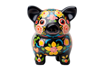 12 animal designations PNG: a figurine of a lovely Pig baby, Very cute with colorful designs, Chinese traditional folk mud dog art style, in the style of woodcarvings