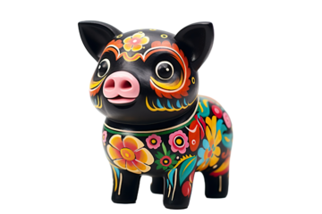 12 animal designations PNG: a figurine of a lovely Pig baby, Very cute with colorful designs, Chinese traditional folk mud dog art style, in the style of woodcarvings