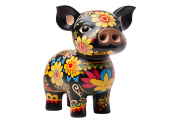 12 animal designations PNG: a figurine of a lovely Pig baby, Very cute with colorful designs, Chinese traditional folk mud dog art style, in the style of woodcarvings