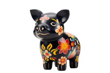 12 animal designations PNG: a figurine of a lovely Pig baby, Very cute with colorful designs, Chinese traditional folk mud dog art style, in the style of woodcarvings