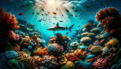 A reef shark drifts over beautiful colorful coral reef filled with vibrant marine life.