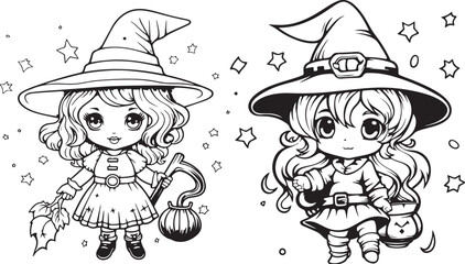 halloween witch hand drawn coloring page illustration