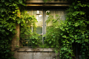Urban Jungle Window: Incorporate greenery into the composition, capturing the window framed by climbing vines or potted plants, focus on the details of both the window and the natural elements.