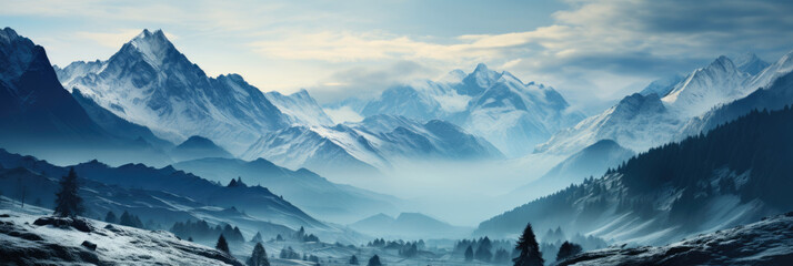Vast panoramic image of a majestic snow-covered mountain range with snow-covered landscape in the foreground - obrazy, fototapety, plakaty