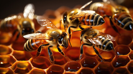 Macro shot of honey bees at home at the hive with honey-filled honeycombs - obrazy, fototapety, plakaty