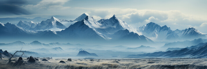 Fototapeta na wymiar Vast panoramic image of a majestic snow-covered mountain range with a desolate grasslands in the foreground