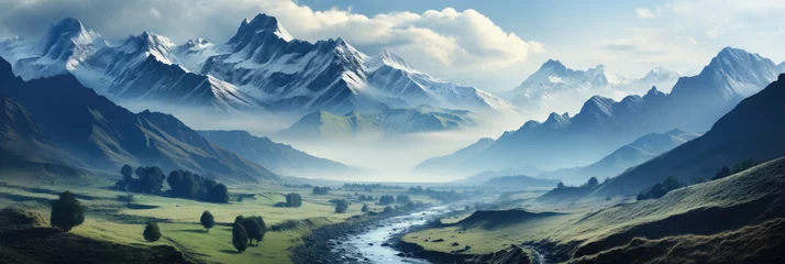 Schilderijen op glas Vast panoramic image of a majestic mountain range, nature background, HD wallpaper © Vivid Pixels