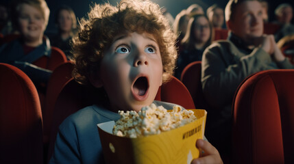 Surprised Boy with open mouth watching a horror movie at the cinema with popcorn. Childhood leisure activity concept - obrazy, fototapety, plakaty