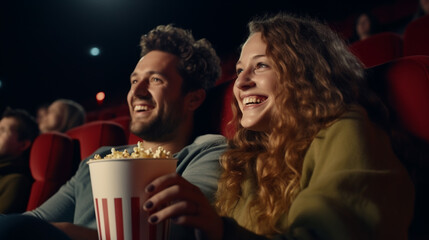Young couple watching comedy movie at the cinema. Dating in evening.