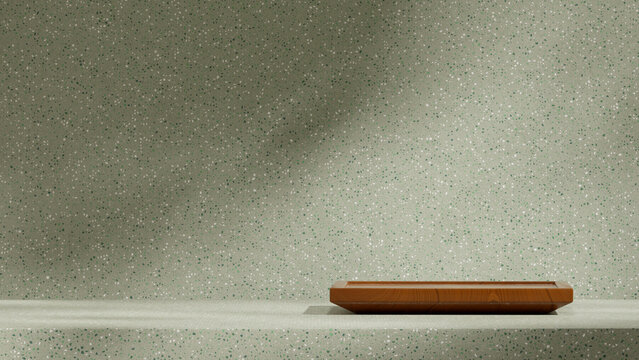 full textured green terrazzo, 3d image render blank space brown wooden plate podium in landscape
