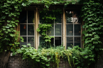 Urban Jungle Window: Incorporate greenery into the composition, capturing the window framed by climbing vines or potted plants, focus on the details of both the window and the natural elements.