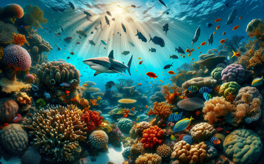 Naklejka na ściany i meble A reef shark drifts over beautiful colorful coral reef filled with vibrant marine life.