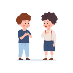 Children are talking on deaf sign language international, vector articulated gesture for communication deafness boys