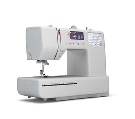 Concept atelier, fashion studio, fashion designer, tailor white sewing machine perspective left view 3d render on white