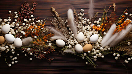 Fototapeta premium Easter eggs on rustic wooden background. Happy easter. Colorful painted Easter eggs with flowers and feathers against wooden background, space for text