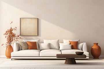 Interior of living room with white sofa, coffee table and vase. Interior of modern living room with brown walls, wooden floor, comfortable white sofa and mock up poster frame.