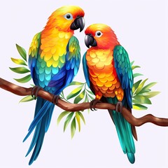 Colorful parrots perched on a branch, white background