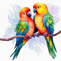 Colorful parrots perched on a branch, white background