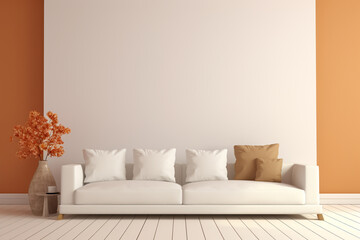 interior modern bright room with white sofa. Interior of modern living room with white sofa and orange wall. comfortable flat