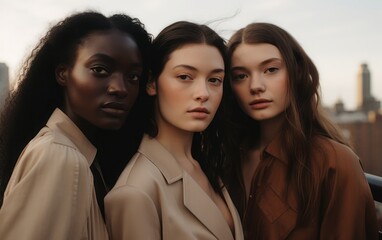 A group of three young beautiful models in the city. Brown and cream clothes, high fashion, conceptual hairstyle. Melancholic mood. Minimalism design. Good for the press.