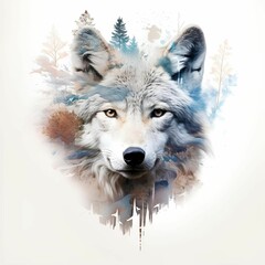 AI generated illustration of a watercolor of a majestic grey wolf in front of a forest