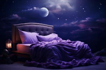 AI generated illustration of a double bed illuminated by a purple light in a cozy bedroom at night - obrazy, fototapety, plakaty