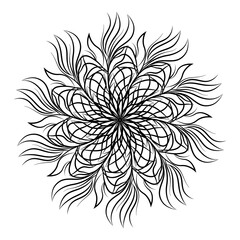 Mandala. Round floral ornament isolated on white background. Decorative design element. Black and white outline illustration for coloring book, print on T-shirt and other items
