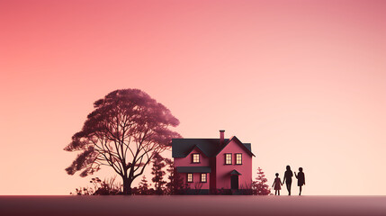house in the sunset, Family Home at Dusk - Silhouette of Togetherness
