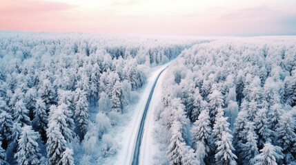 Snowy winter landscape.
road in the winter forest at sunset. travel concept.
Aerial view of winter forest and road at sunset. Beautiful winter landscape. travel - obrazy, fototapety, plakaty