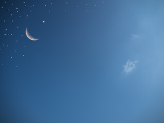 Obraz na płótnie Canvas Sky Ramadan Moon Star Islam blue Sunset Background Dark Cloud Evening Galaxy Landscape, Symbols Arab Muslim Greeting Mubarak Decoration Photography Night Eid Arabian Kareem Greeting Holy Dau Allah.