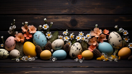 Easter eggs on rustic wooden background. Happy easter.
Colorful painted Easter eggs with flowers against wooden background, space for text