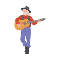 Gypsy elderly man playing guitar and singing, vector Romany performance flamenco folk, gypsies ethnic tradition culture