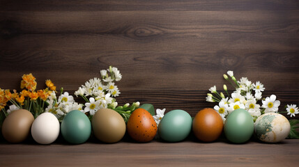 Obraz na płótnie Canvas Easter eggs on rustic wooden background. Happy easter. Colorful painted Easter eggs with flowers against wooden background, space for text