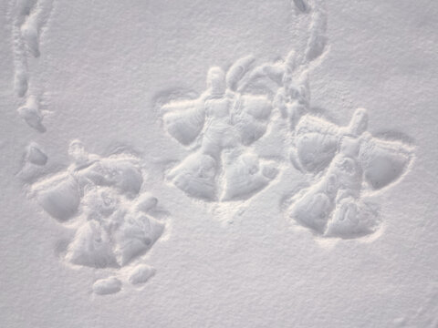 Three snow angels, top down aerial view