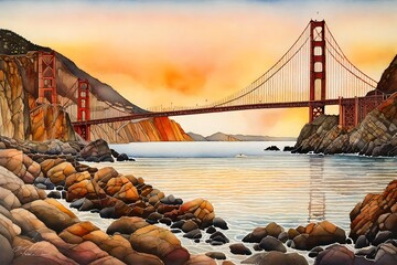 Golden gate bridge on body of water near rock formations during sunset