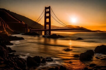 Golden gate bridge on body of water near rock formations during sunset