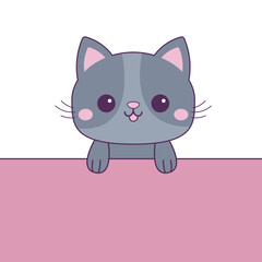 Cat hanging on paper. Funny Kawaii pet animal. Gray kitten with holding hands. Paw print on the table. Line contour doodle silhouette. Cute cartoon baby character. Flat design. Pink background.