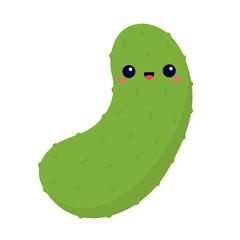 Cucumber icon. Cute cartoon vegetable. Kawaii character with smiling face, eyes. Kids education. Vegetables collection. Food sign symbol. Flat design. White background. Isolated.