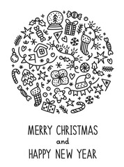 Christmas round composition of winter doodles. Cute New Year hand-drawn elements on white background. 