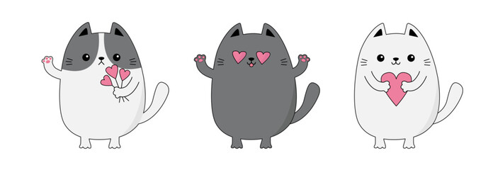 Fototapeta premium Cat set. Happy Valentines Day. Contour line doodle. Kittens kitty holding pink heart, stick. Funny head face. Cute cartoon kawaii animal character. Flat design. Love card. White background.