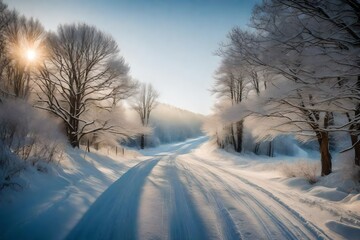 Obraz premium User Winter rural road and trees in snow